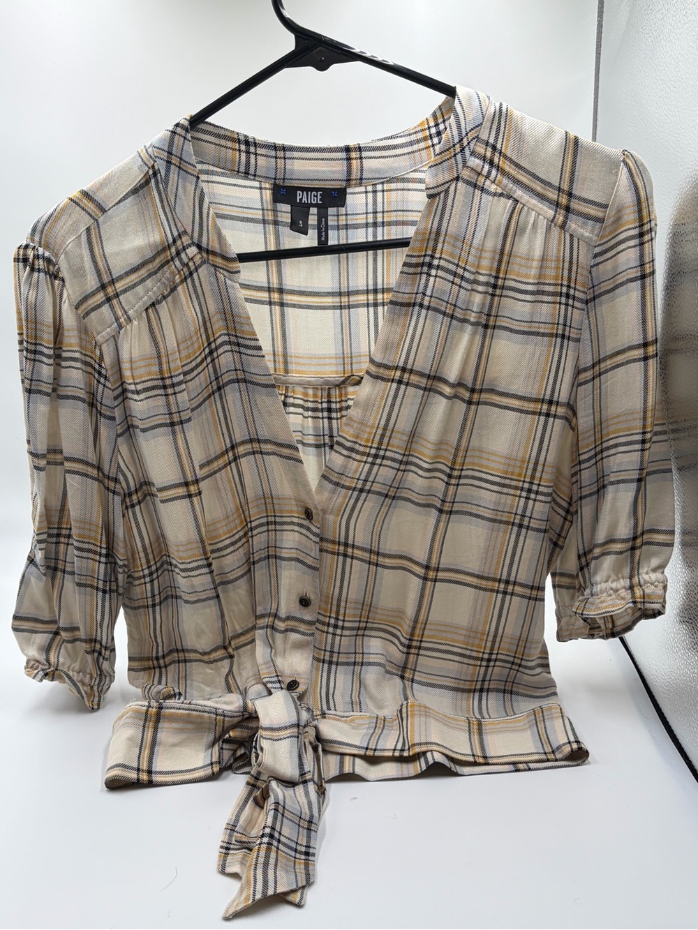 PAIGE Annecy White Plaid Tie-Hem Button-Down Top Tan & Black Lines Size Small - Picture 2 of 6